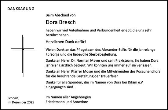 Traueranzeige von Dora Bresch von Waiblinger Kreiszeitung
