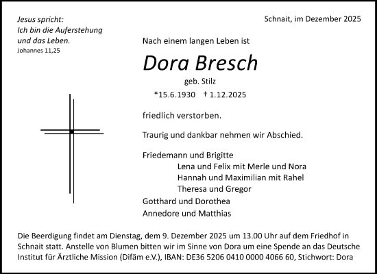 Traueranzeige von Dora Bresch von Waiblinger Kreiszeitung