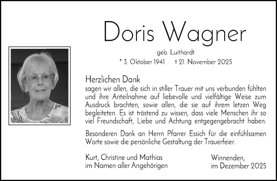 Traueranzeige von Doris Wagner von Waiblinger Kreiszeitung