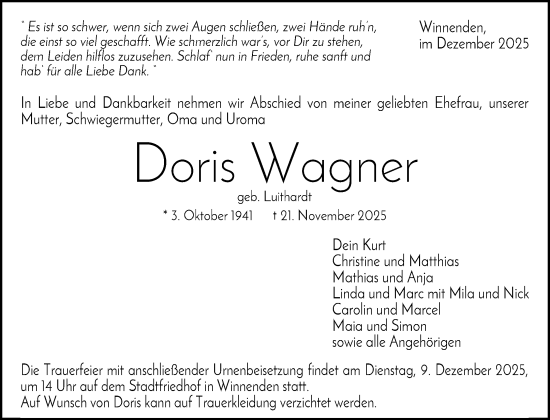 Traueranzeige von Doris Wagner von Waiblinger Kreiszeitung