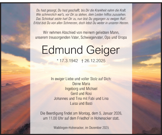 Traueranzeige von Edmund Geiger von Waiblinger Kreiszeitung