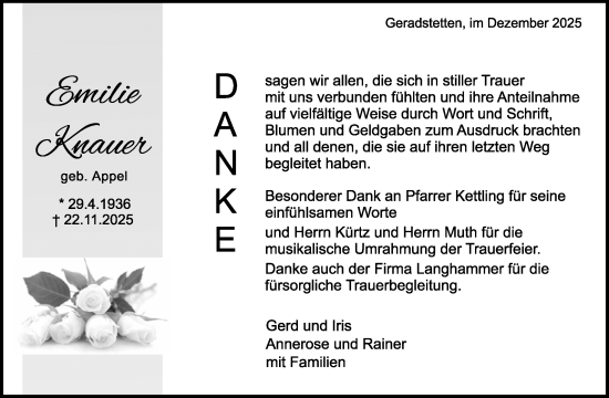 Traueranzeige von Emilie Knauer von Waiblinger Kreiszeitung