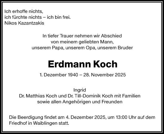 Traueranzeige von Erdmann Koch von Waiblinger Kreiszeitung