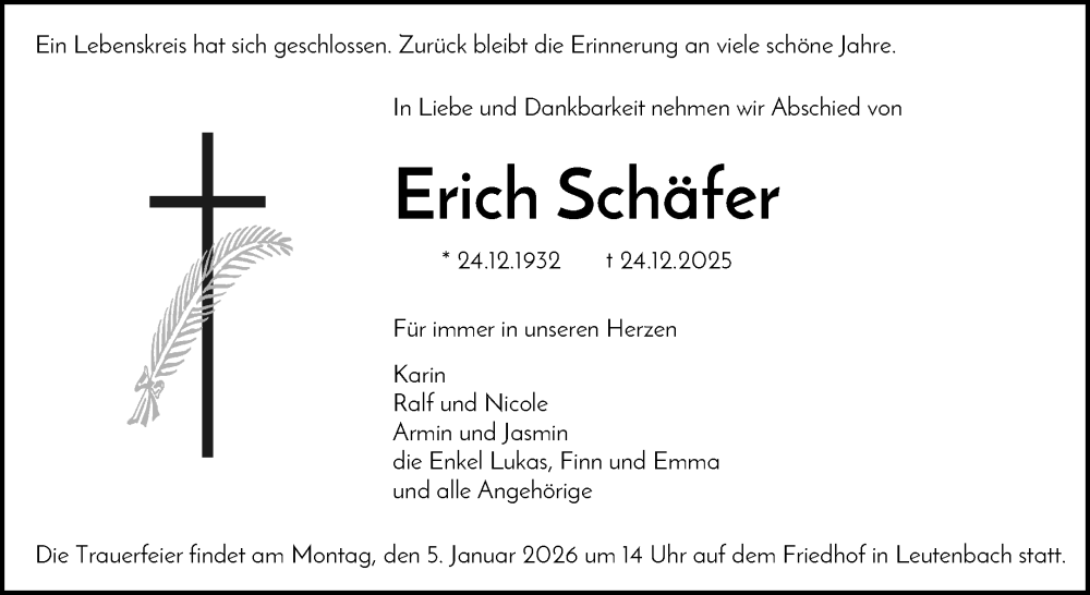  Traueranzeige für Erich Schäfer vom 31.12.2025 aus Waiblinger Kreiszeitung