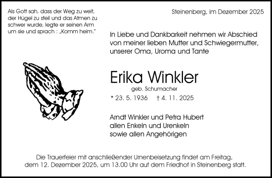 Traueranzeige von Erika Winkler von Waiblinger Kreiszeitung