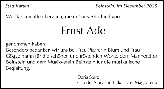 Traueranzeige von Ernst Ade von Waiblinger Kreiszeitung