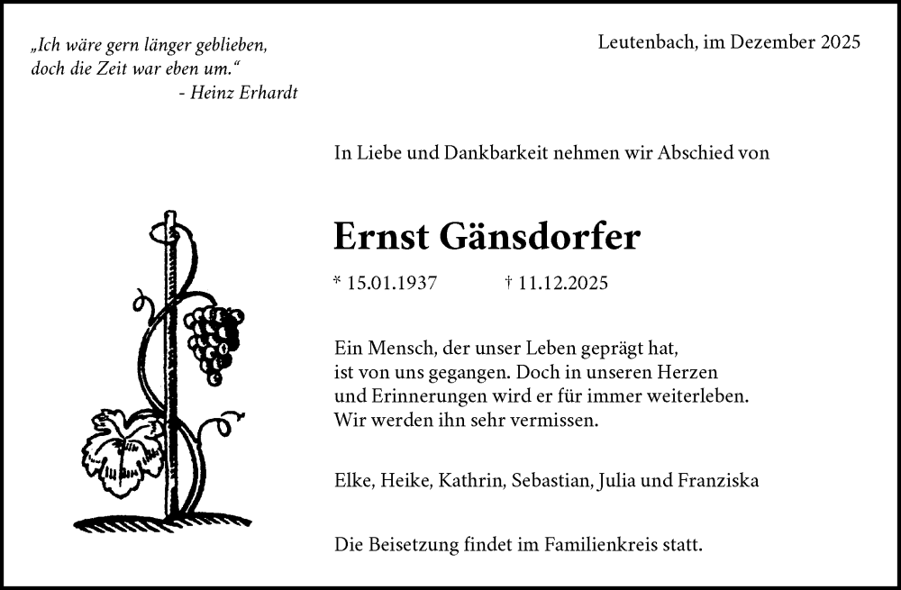  Traueranzeige für Ernst Gänsdorfer vom 24.12.2025 aus Waiblinger Kreiszeitung