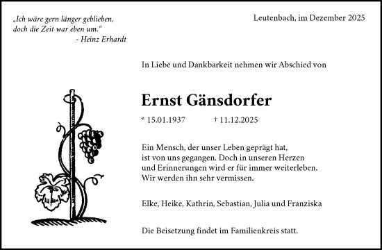 Traueranzeige von Ernst Gänsdorfer von Waiblinger Kreiszeitung
