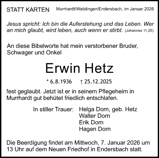 Traueranzeige von Erwin Hetz von Waiblinger Kreiszeitung