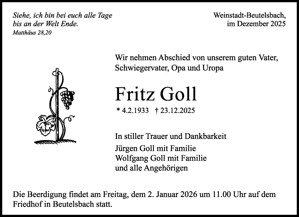  Traueranzeige für Fritz Goll vom 29.12.2025 aus Waiblinger Kreiszeitung