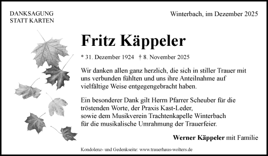 Traueranzeige von Fritz Käppeler von Waiblinger Kreiszeitung