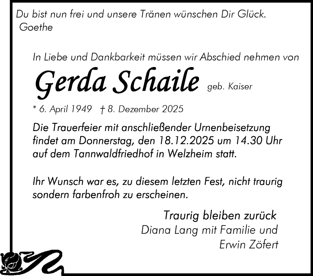  Traueranzeige für Gerda Schaile vom 12.12.2025 aus Waiblinger Kreiszeitung