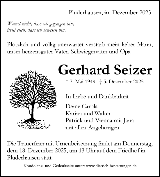 Traueranzeige von Gerhard Seizer von Waiblinger Kreiszeitung