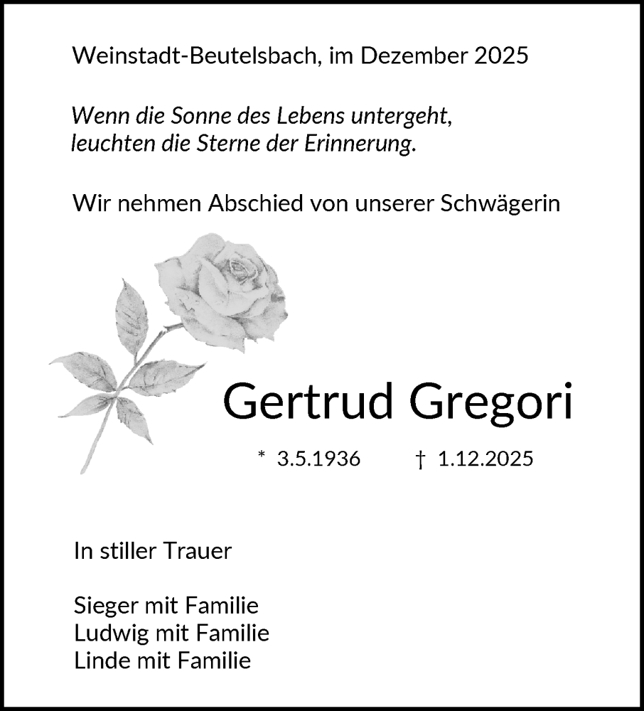  Traueranzeige für Gertrud Gregori vom 09.12.2025 aus Waiblinger Kreiszeitung