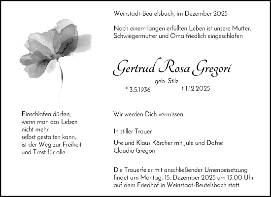 Traueranzeige von Gertrud Rosa Gregori von Waiblinger Kreiszeitung