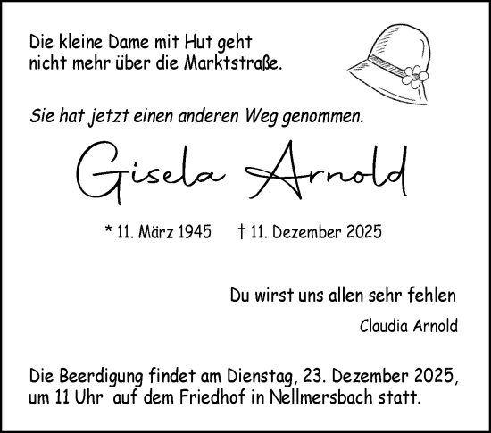 Traueranzeige von Gisela Arnold von Waiblinger Kreiszeitung