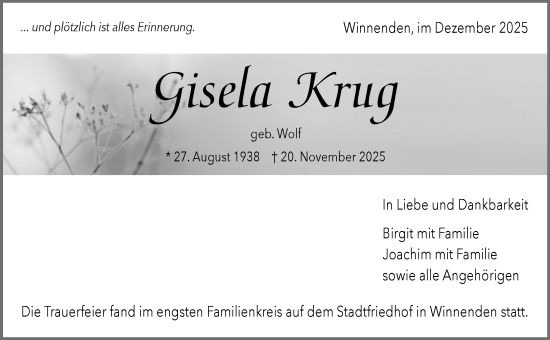 Traueranzeige von Gisela Krug von Waiblinger Kreiszeitung