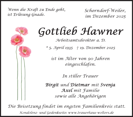 Traueranzeige von Gottlieb Hawner von Waiblinger Kreiszeitung