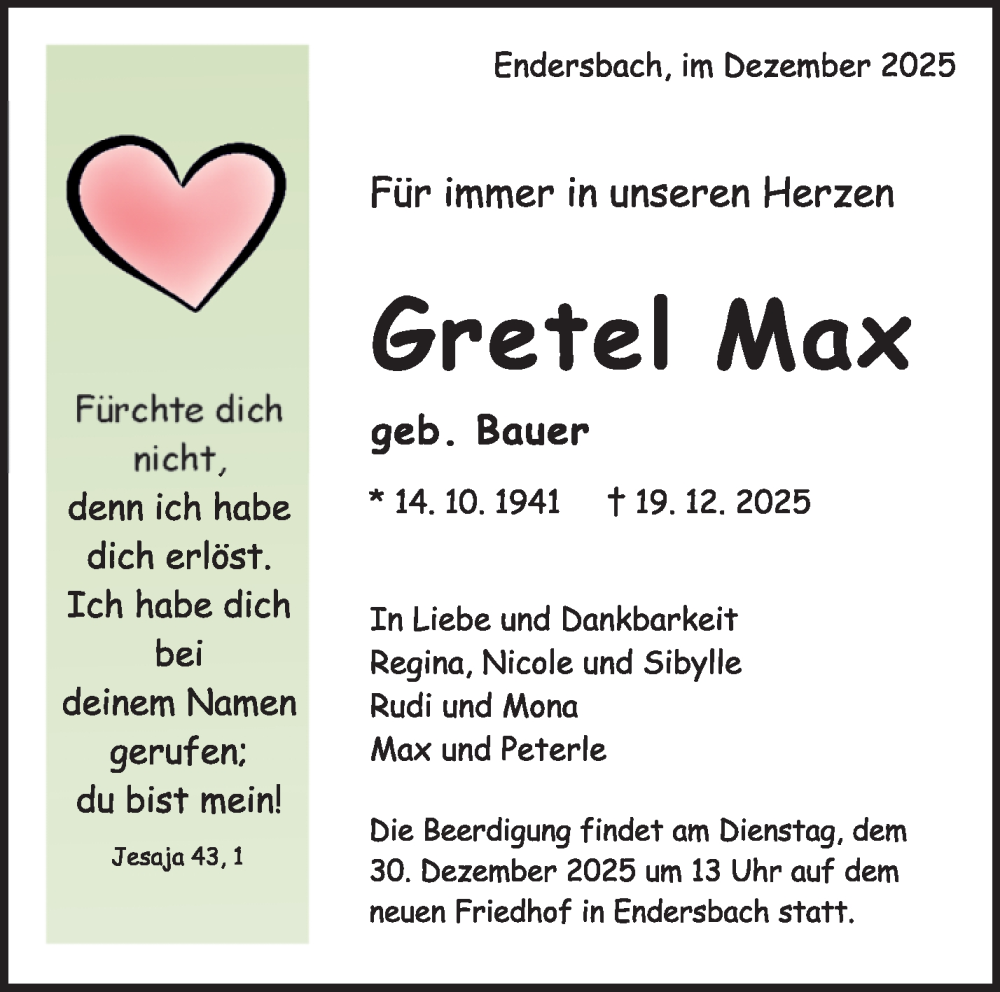  Traueranzeige für Gretel Max vom 24.12.2025 aus Waiblinger Kreiszeitung
