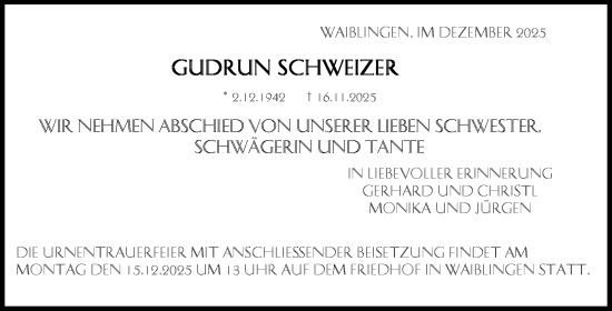 Traueranzeige von Gudrun Schweizer von Waiblinger Kreiszeitung