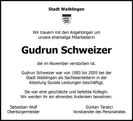 Traueranzeige von Gudrun Schweizer von Waiblinger Kreiszeitung