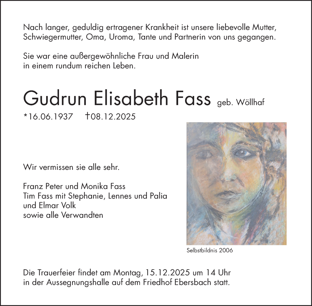  Traueranzeige für Gudrun Elisabeth Fass vom 13.12.2025 aus Waiblinger Kreiszeitung