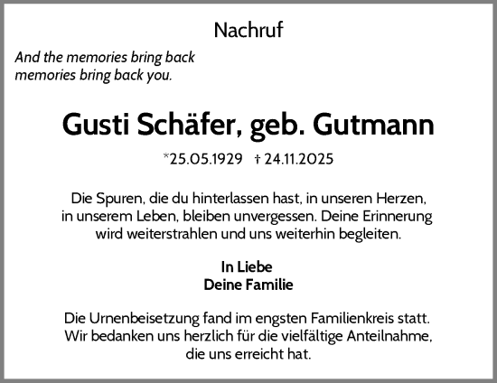 Traueranzeige von Gusti Schafer von Waiblinger Kreiszeitung
