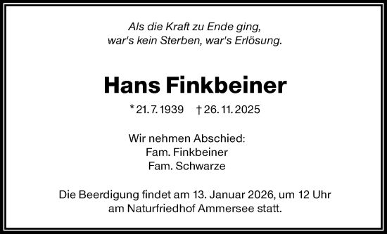 Traueranzeige von Hans Finkbeiner von Waiblinger Kreiszeitung