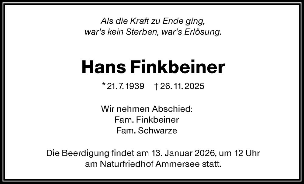  Traueranzeige für Hans Finkbeiner vom 27.12.2025 aus Waiblinger Kreiszeitung