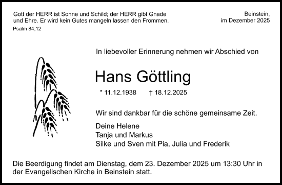 Traueranzeige von Hans Göttling von Waiblinger Kreiszeitung