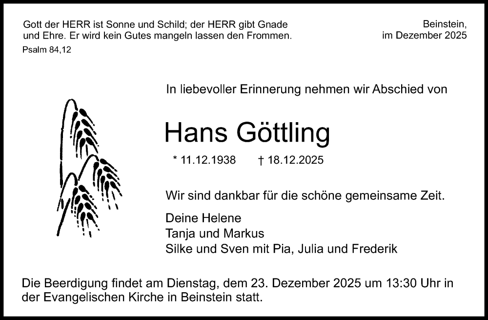  Traueranzeige für Hans Göttling vom 20.12.2025 aus Waiblinger Kreiszeitung