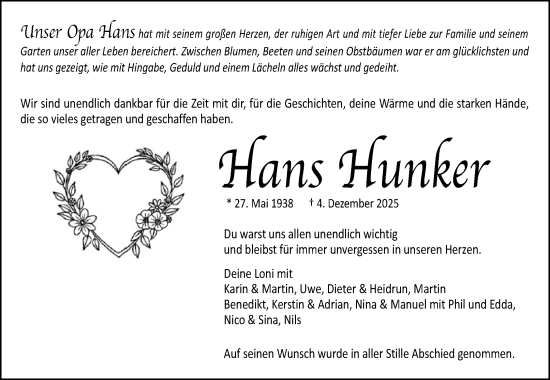 Traueranzeige von Hans Hunker von Waiblinger Kreiszeitung