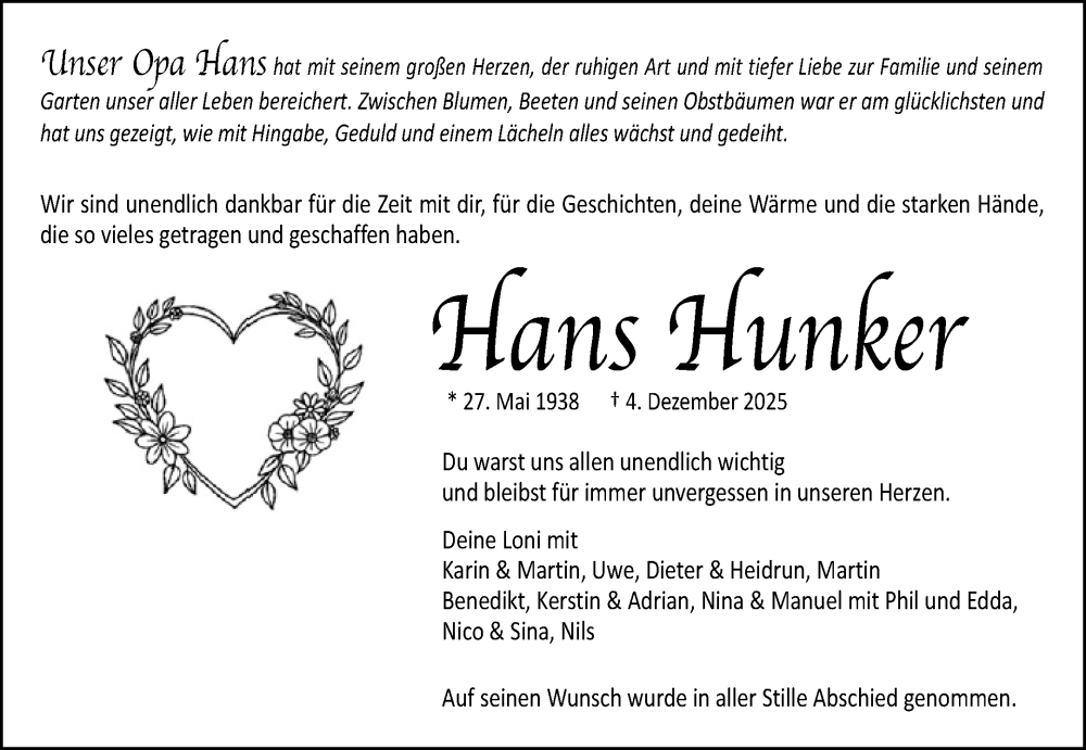  Traueranzeige für Hans Hunker vom 16.12.2025 aus Waiblinger Kreiszeitung