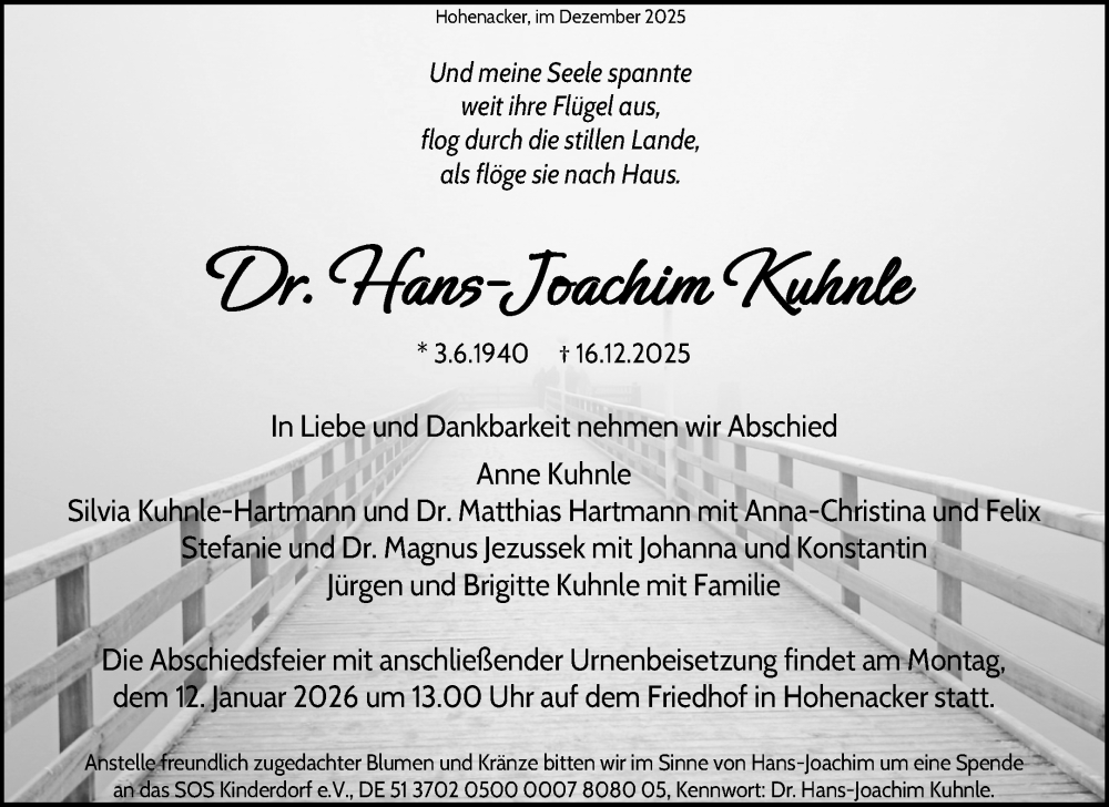  Traueranzeige für Hans-Joachim Kuhnle vom 31.12.2025 aus Waiblinger Kreiszeitung