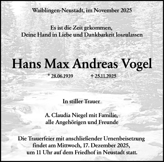Traueranzeige von Hans Max Andreas Vogel von Waiblinger Kreiszeitung