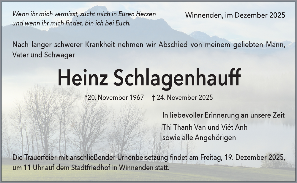  Traueranzeige für Heinz Schlagenhauff vom 12.12.2025 aus Waiblinger Kreiszeitung