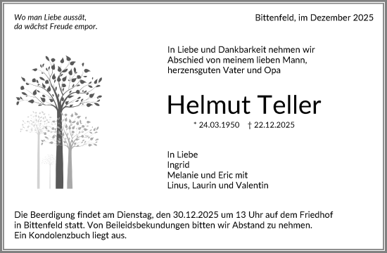 Traueranzeige von Helmut Teller von Waiblinger Kreiszeitung