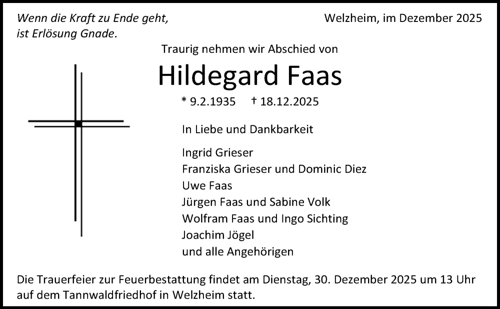  Traueranzeige für Hildegard Faas vom 23.12.2025 aus Waiblinger Kreiszeitung
