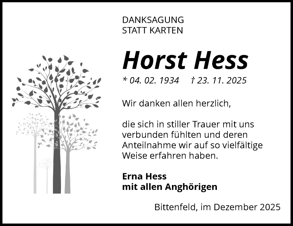  Traueranzeige für Horst Hess vom 20.12.2025 aus Waiblinger Kreiszeitung