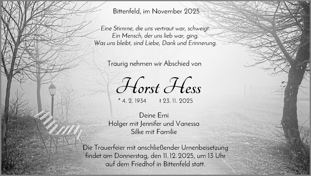  Traueranzeige für Horst Hess vom 06.12.2025 aus Waiblinger Kreiszeitung