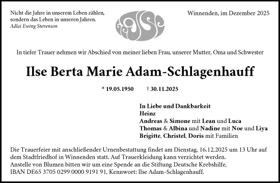 Traueranzeige von Ilse Berta Marie Adam-Schlagenhauff von Waiblinger Kreiszeitung