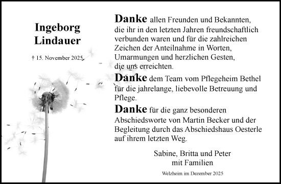 Traueranzeige von Ingeborg Lindauer von Waiblinger Kreiszeitung