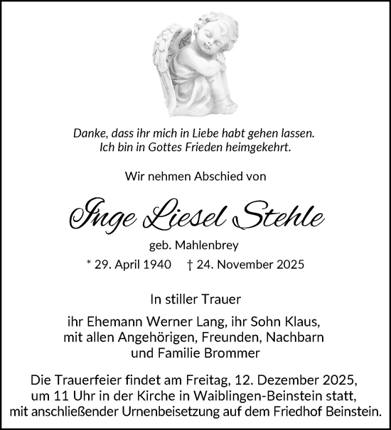 Traueranzeige von Inge Liesel Stehle von Waiblinger Kreiszeitung