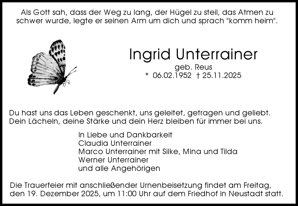  Traueranzeige für Ingrid Unterrainer vom 13.12.2025 aus Waiblinger Kreiszeitung