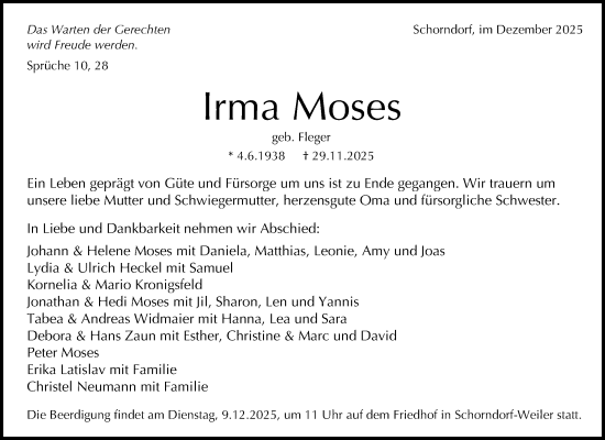 Traueranzeige von Irma Moses von Waiblinger Kreiszeitung