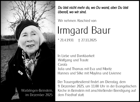 Traueranzeige von Irmgard Baur von Waiblinger Kreiszeitung