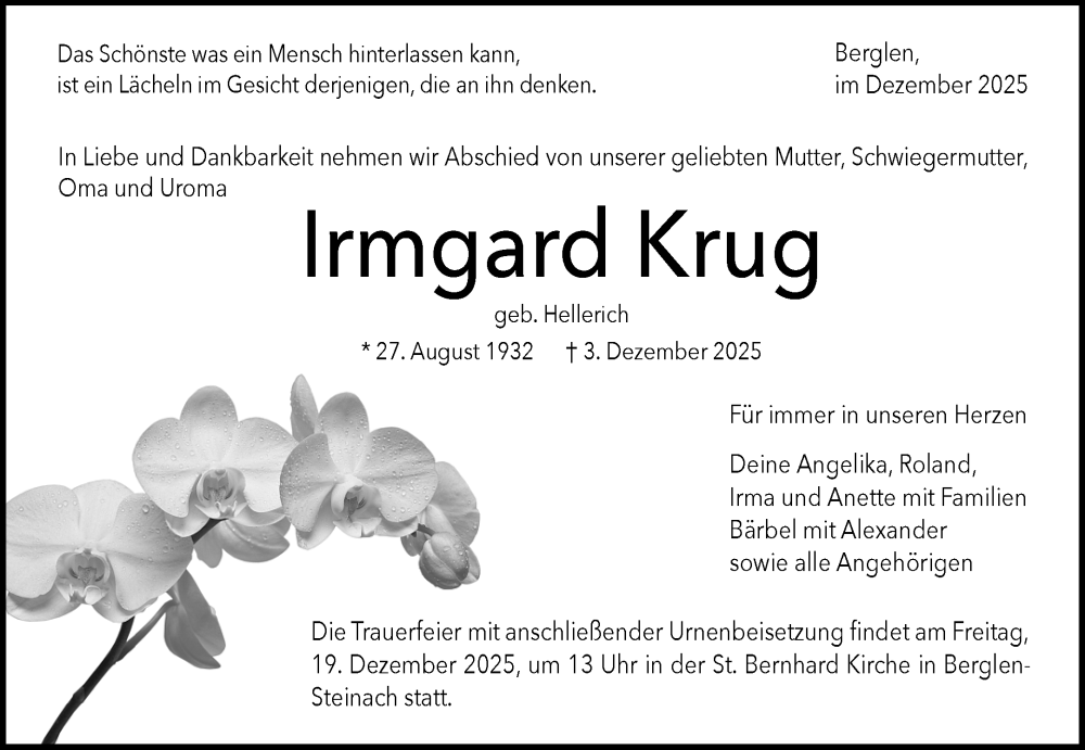  Traueranzeige für Irmgard Krug vom 12.12.2025 aus Waiblinger Kreiszeitung
