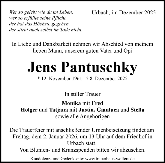 Traueranzeige von Jens Pantuschky von Waiblinger Kreiszeitung