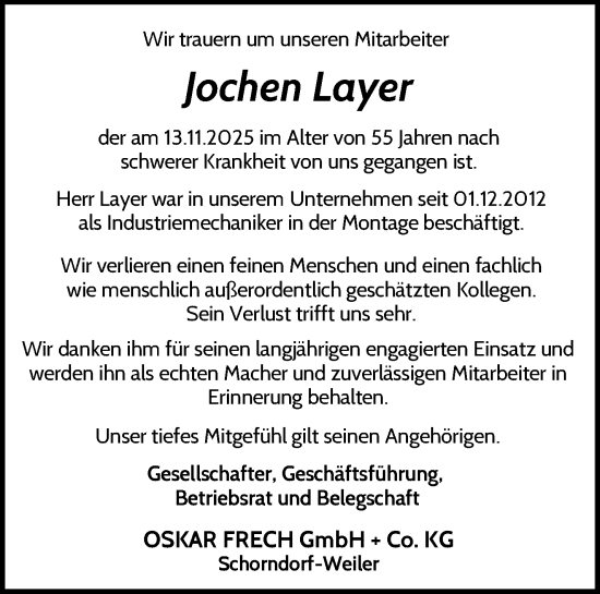 Traueranzeige von Jochen Layer von Waiblinger Kreiszeitung