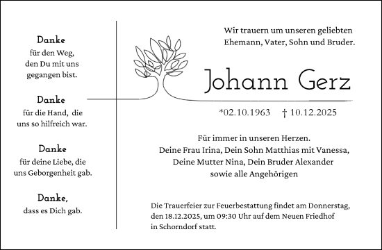 Traueranzeige von Johann Gerz von Waiblinger Kreiszeitung